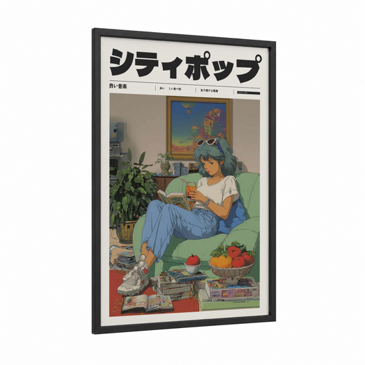 Cozy Reading Moment framed anime and manga print — black wood frame — light green and blue palette