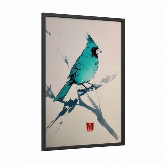 Turquoise Cardinal framed art print — black wood frame — turquoise and cream palette