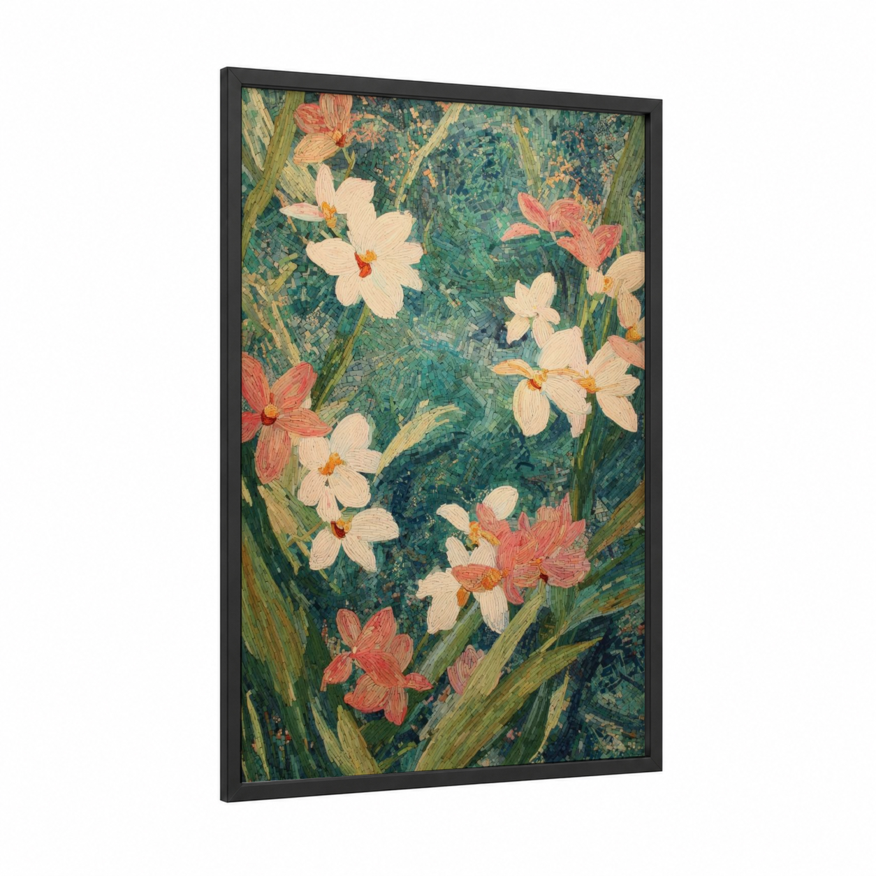 Cream Orchid Garden framed art print — black wood frame — cream and green palette