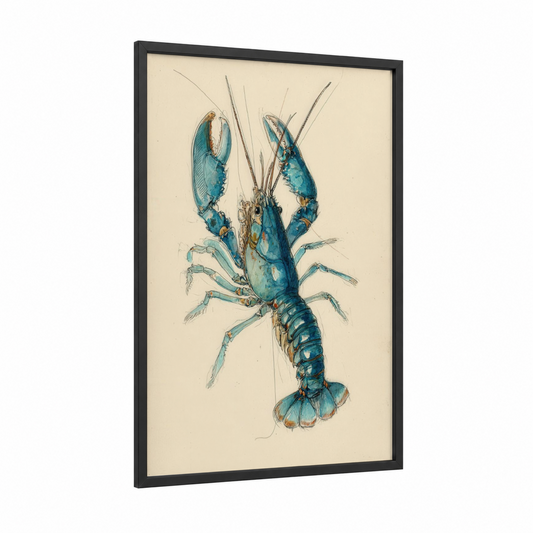 Blue Crayfish Study framed art print — black wood frame — teal and cream palette