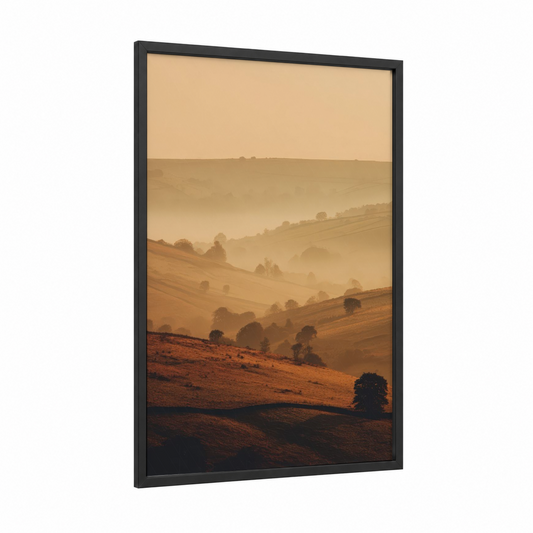 Golden Mist Valley framed art print — black wood frame — gold and beige palette