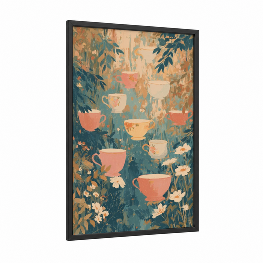 Botanical Tea Garden framed art print — black wood frame — blue and peach palette