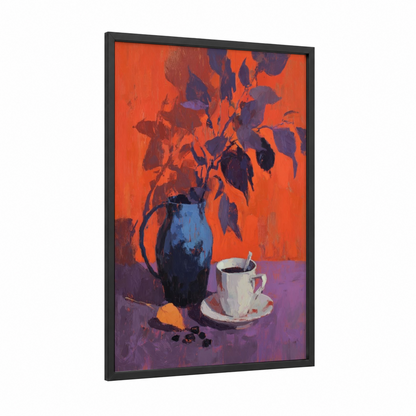 Crimson Coffee Moment framed art print — black wood frame — orange and purple palette