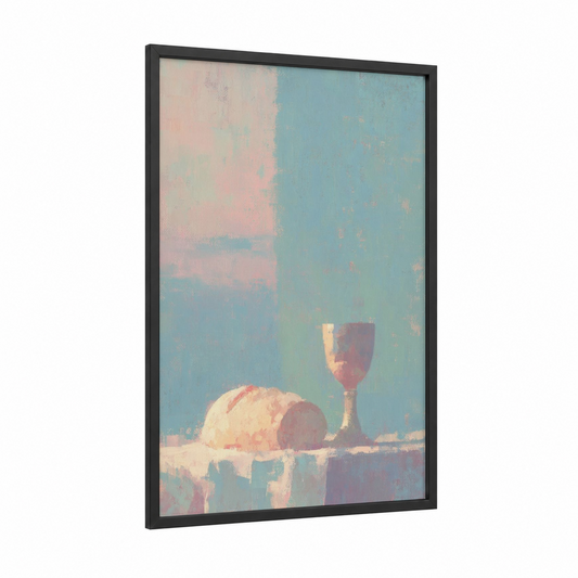 Serene Communion framed christian symbols print — black wood frame — peach and blue palette