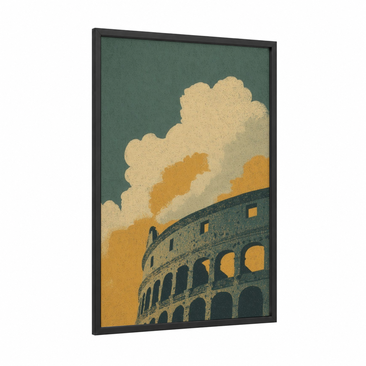 Golden Colosseum framed art print — black wood frame — gold and teal palette