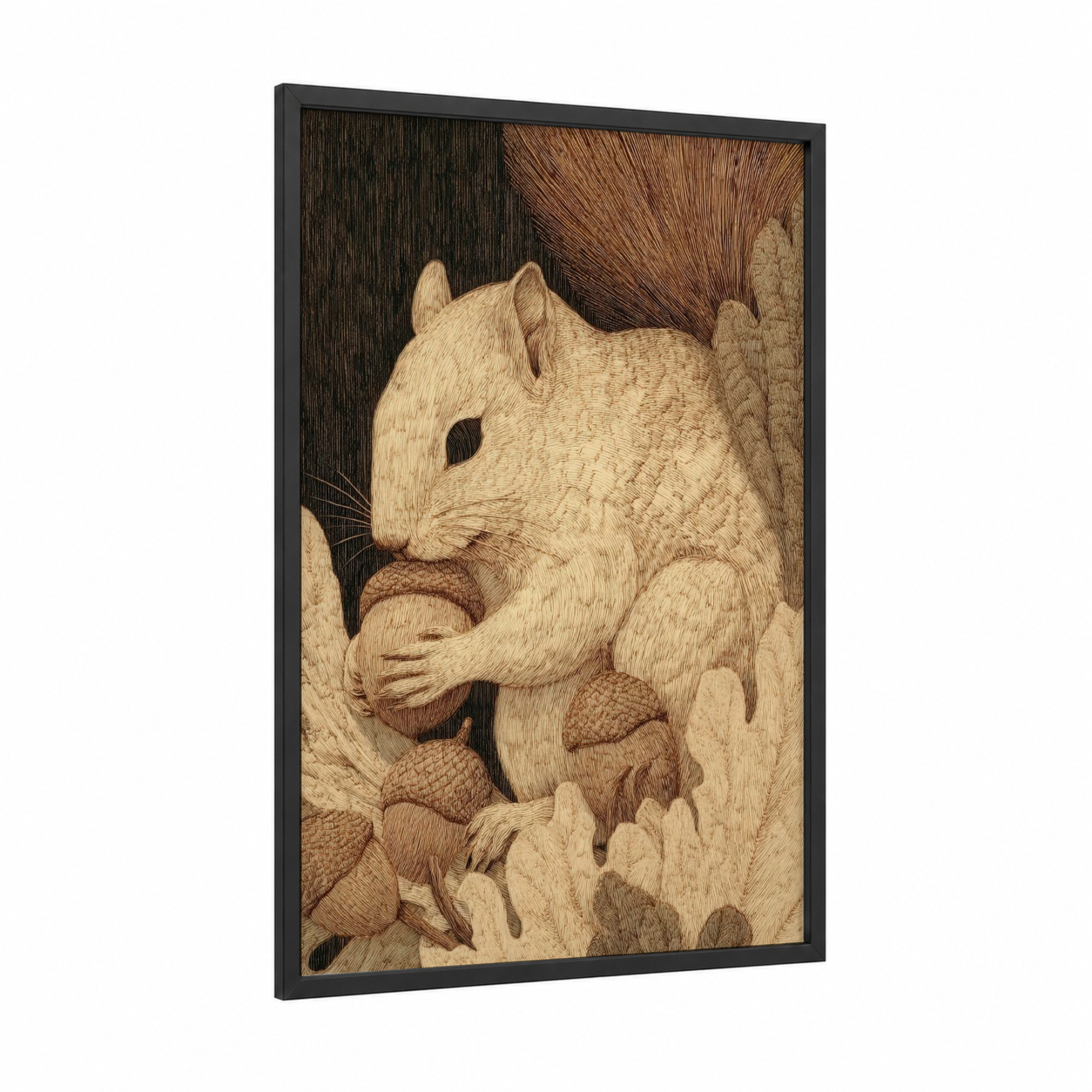 Nutkin Woodcarving framed art print — black wood frame — cream and brown palette