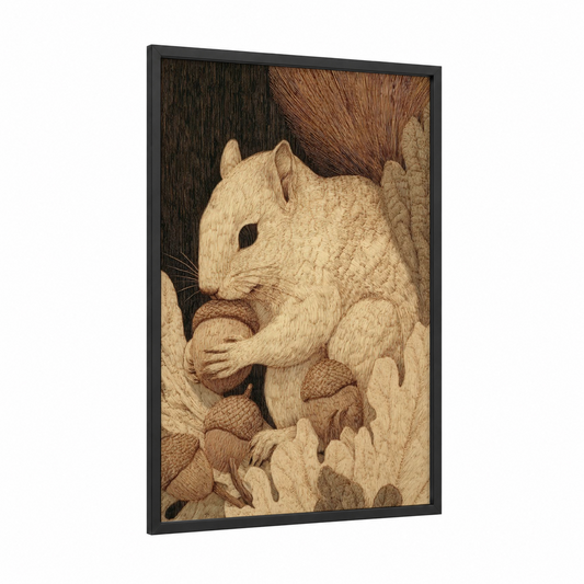 Nutkin Woodcarving framed art print — black wood frame — cream and brown palette