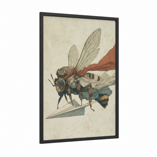 Steampunk Bee framed art print — black wood frame — cream and russet palette