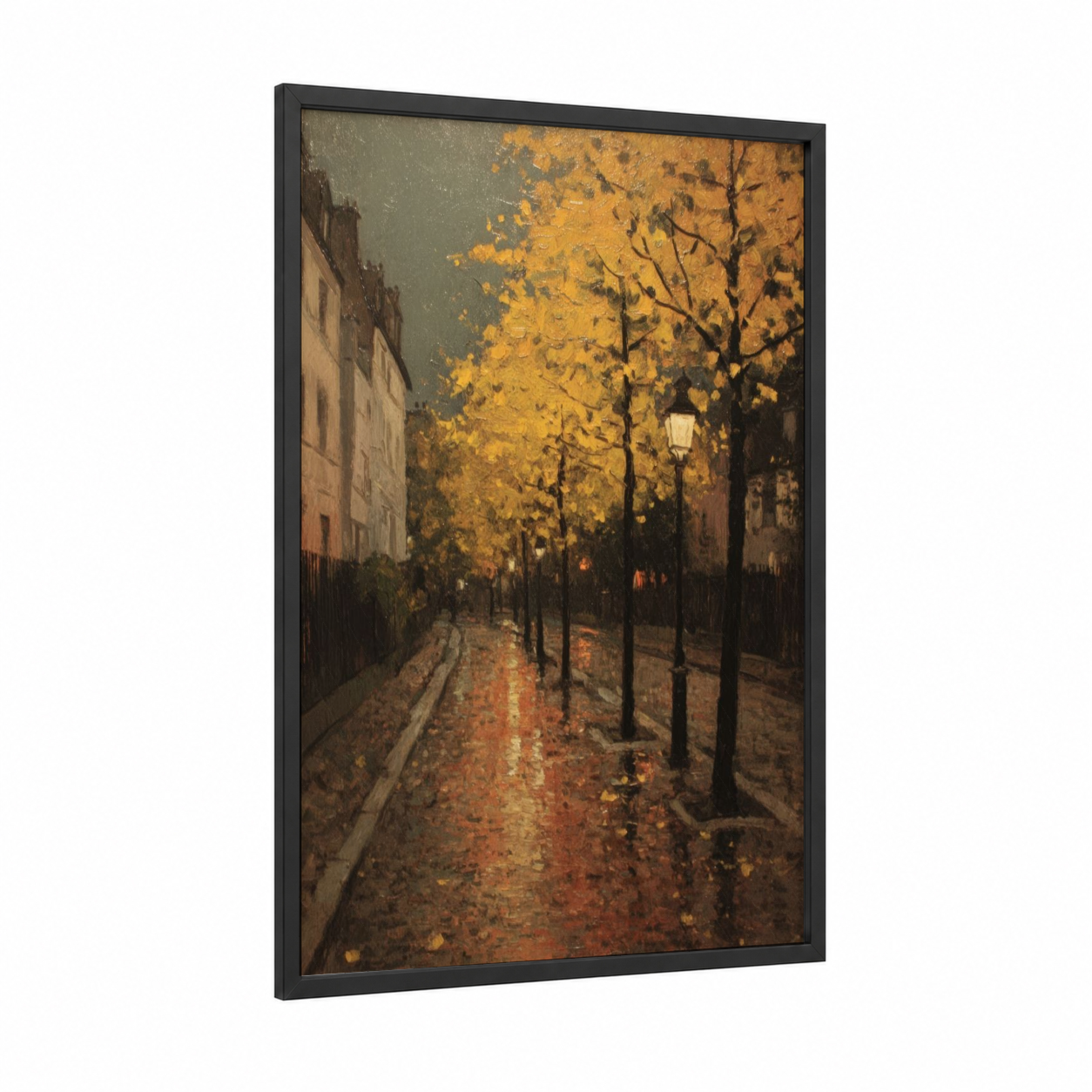 Golden Autumn Street framed art print — black wood frame — yellow gold and gray palette