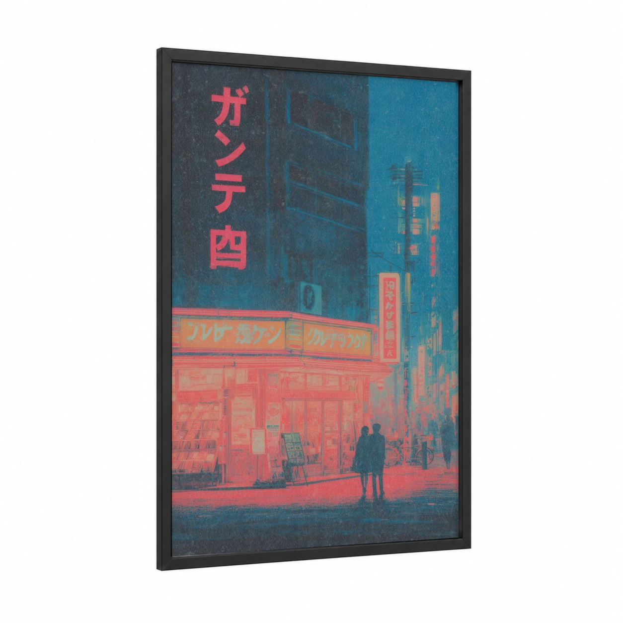 Neon Tokyo Streets framed retro pop print — black wood frame — magenta and dark blue palette