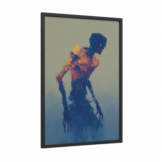 Geometric Zombie framed art print — black wood frame — dark blue and orange palette