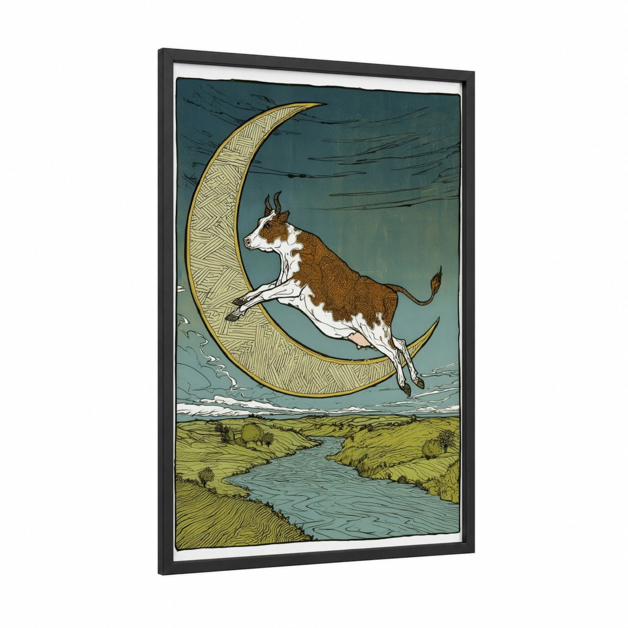 Celestial Hereford framed hereford cow print — black wood frame — dark blue and gold and white palette
