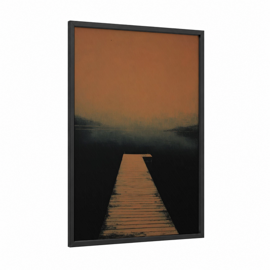 Misty Dock Sunrise framed docks and piers print — black wood frame — gold and black and gold palette