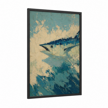 Striped Wahoo framed art print — black wood frame — teal and cream palette
