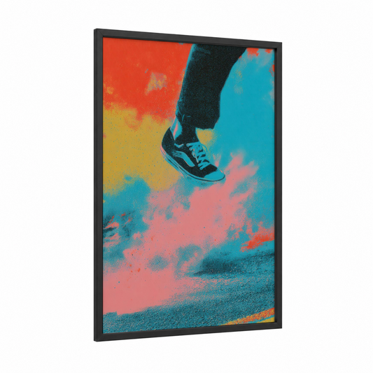 Urban Sneaker Stride framed street dance print — black wood frame — blue and orange palette