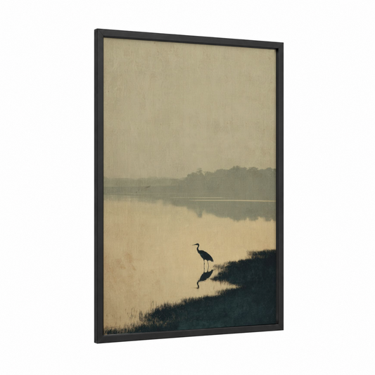 Misty Lake Heron framed lakes print — black wood frame — beige and sage green palette