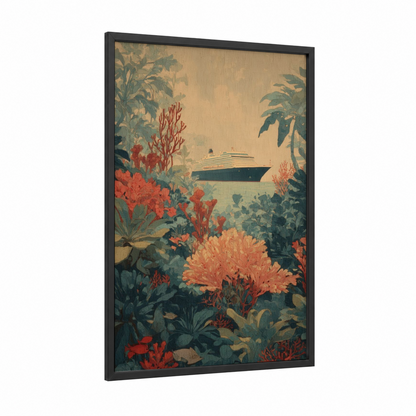Cruise Ship Tropical Garden framed art print — black wood frame — gold and teal palette