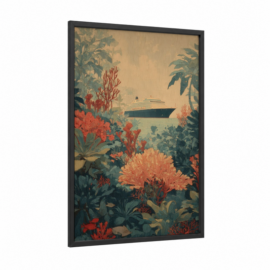 Cruise Ship Tropical Garden framed art print — black wood frame — gold and teal palette