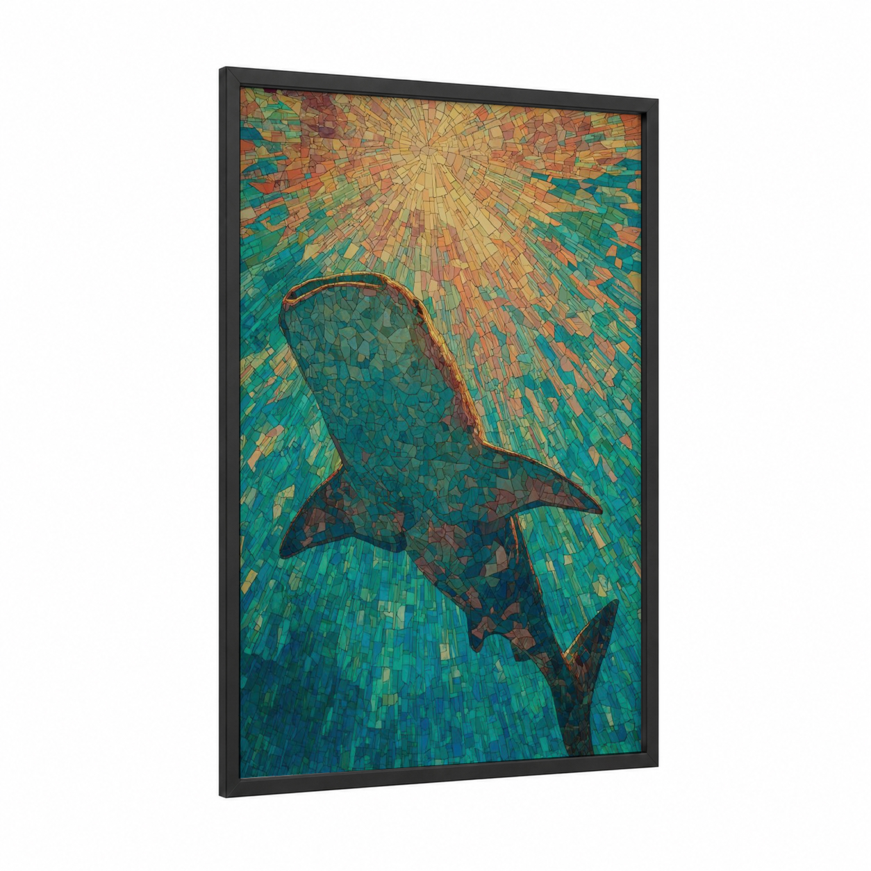 Ascending Whale Shark framed art print — black wood frame — gold and teal palette