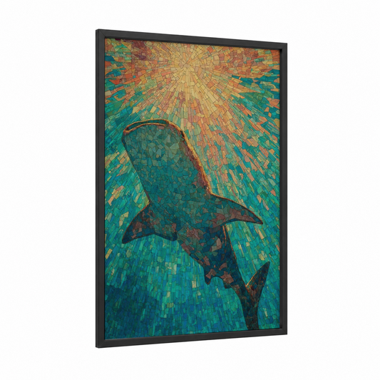 Ascending Whale Shark framed art print — black wood frame — gold and teal palette