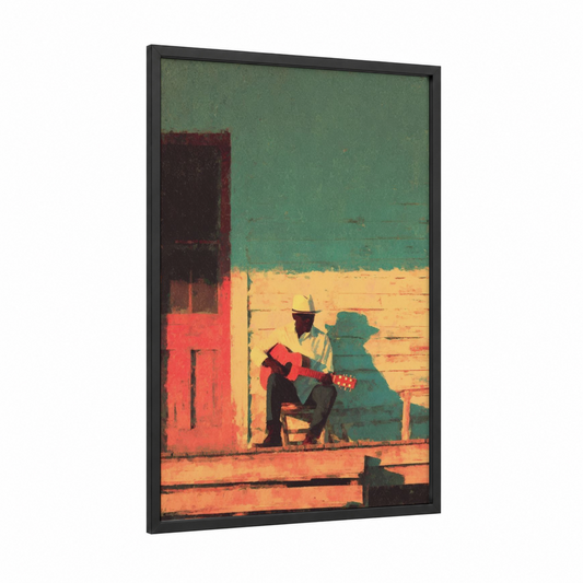 Vintage Blues Musician framed art print — black wood frame — yellow gold and teal palette
