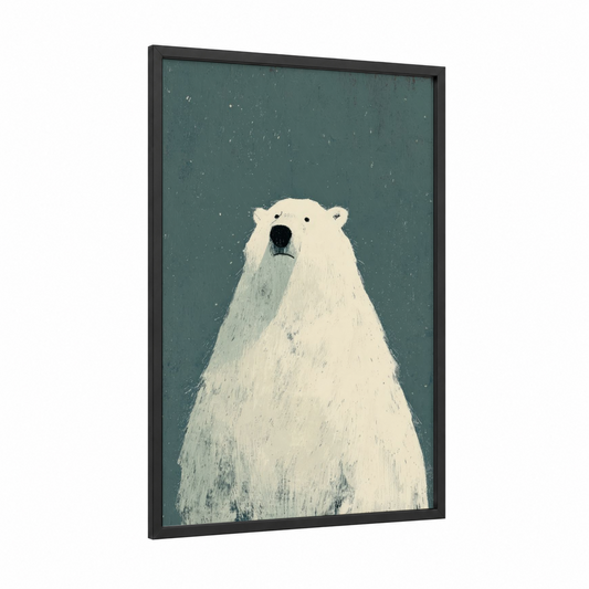 Snowy Polar Bear framed art print — black wood frame — white and gray palette