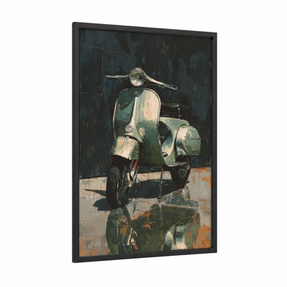 Vintage Scooter framed art print — black wood frame — dark blue and cream palette