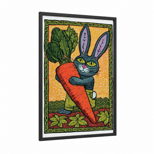 Carrot-Holding Rabbit framed art print — black wood frame — gold and dark green palette