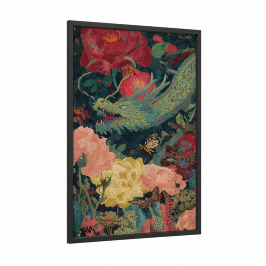 Garden Dragon framed art print — black wood frame — red and gold palette