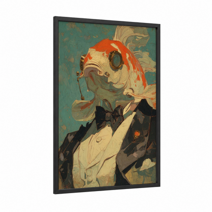 Steampunk Koi framed koi fish print — black wood frame — teal and orange palette