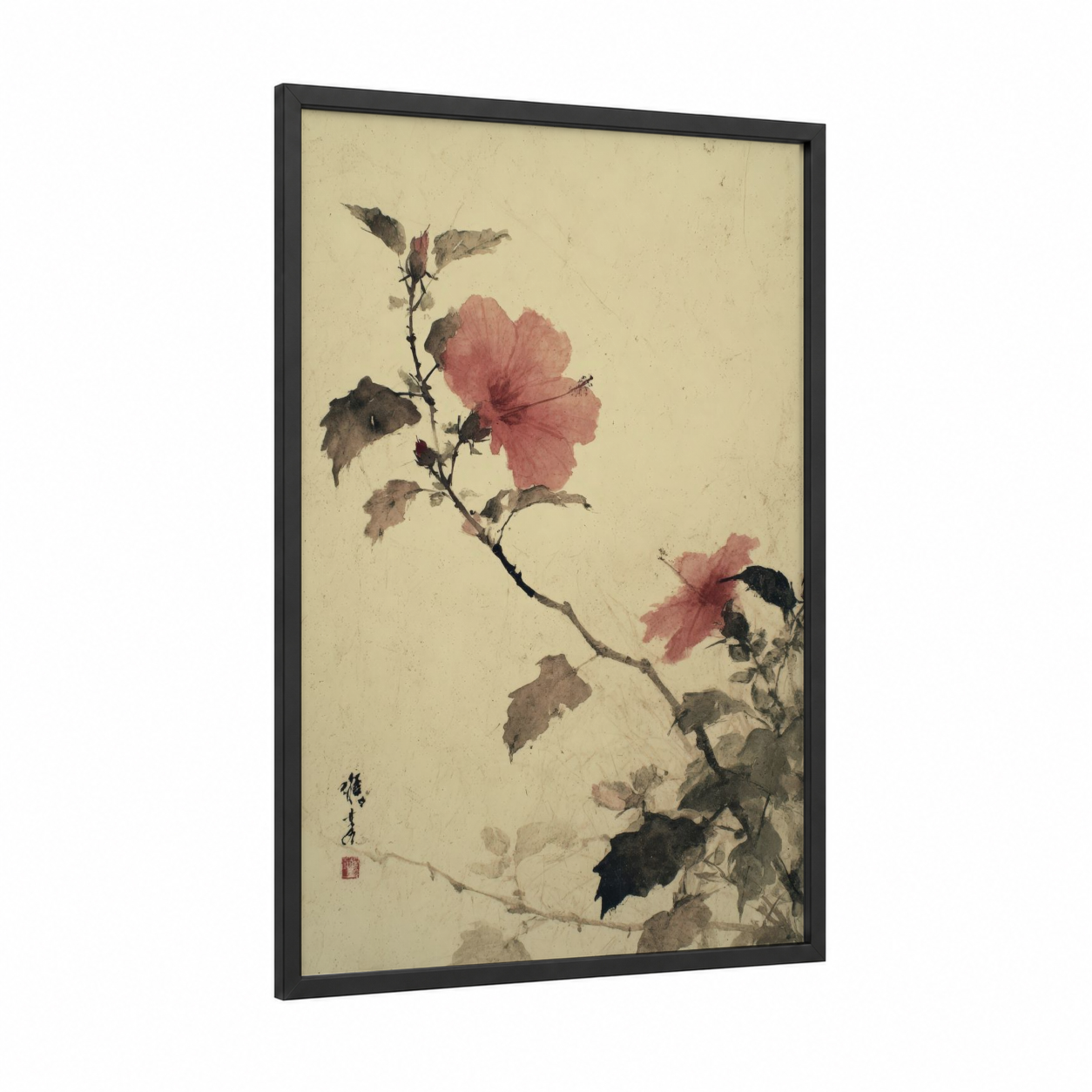 Pink Hibiscus Branch framed art print — black wood frame — cream and rose gold palette