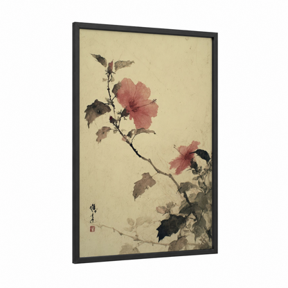 Pink Hibiscus Branch framed art print — black wood frame — cream and rose gold palette