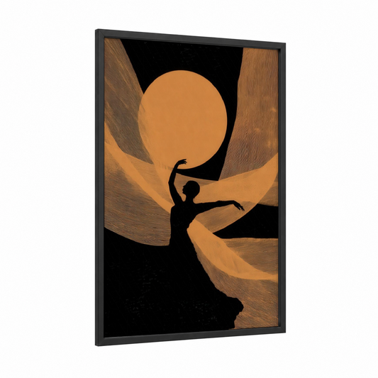 Golden Dancer framed belly dance print — black wood frame — gold and black palette