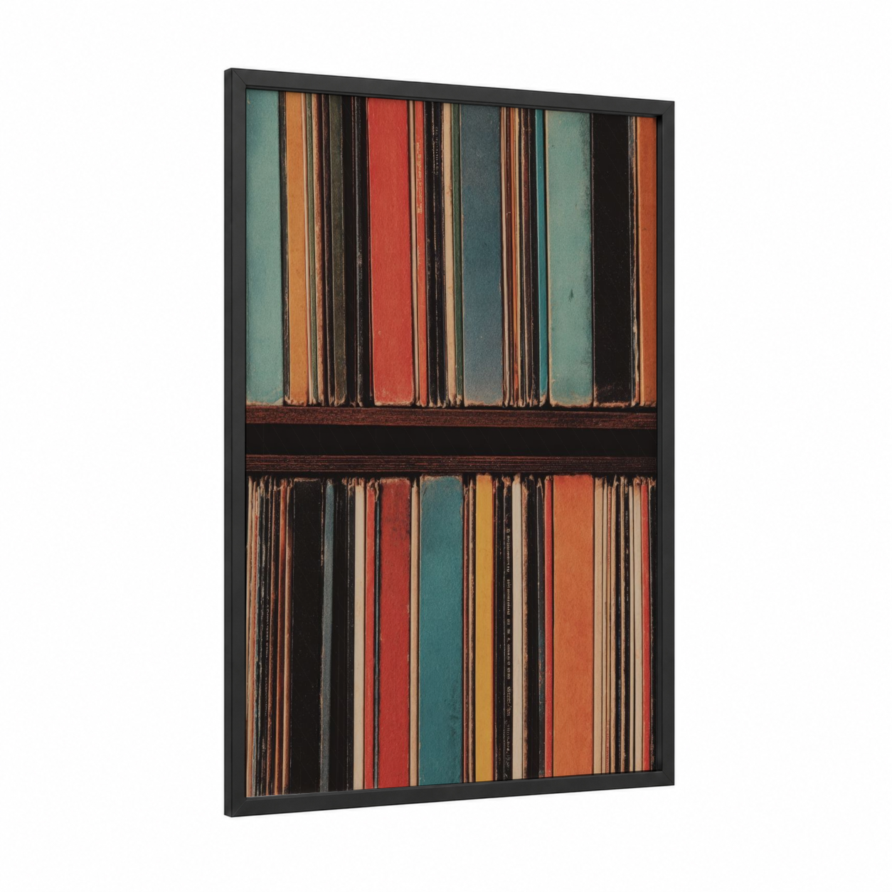 Vintage Vinyl Spines framed vinyl records print — black wood frame — red and teal palette