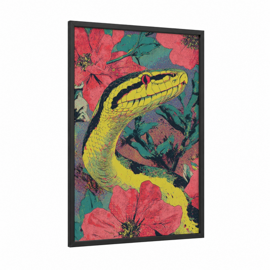 Golden Serpent framed boa constrictor print — black wood frame — yellow gold and magenta palette