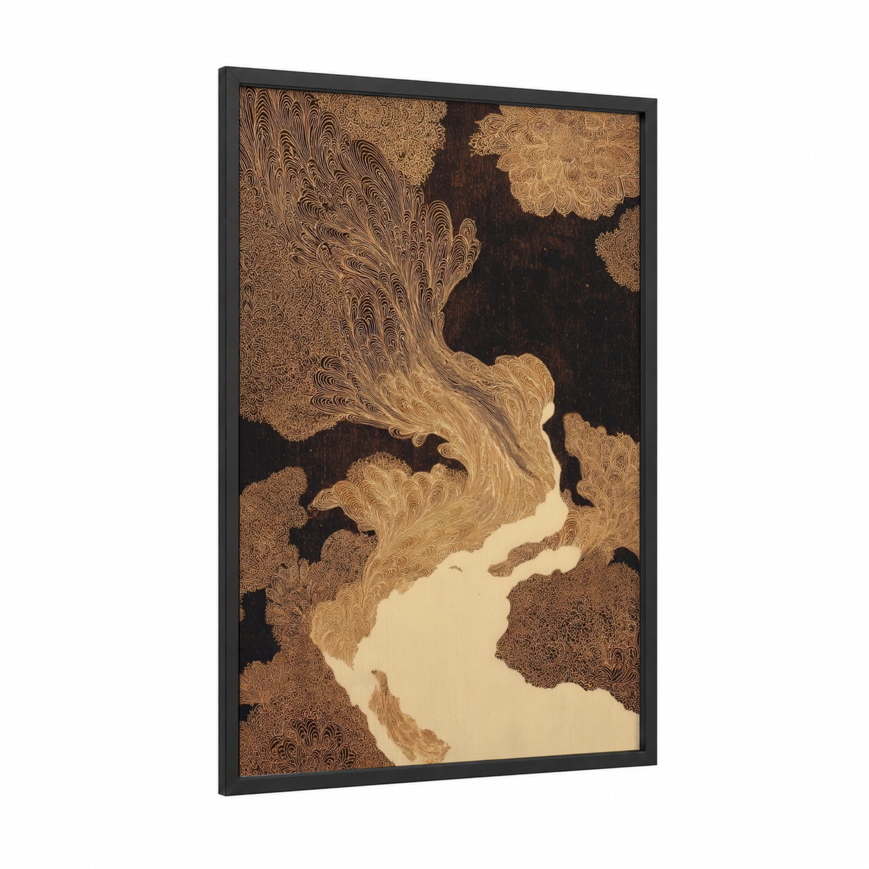 Flowing Expressionism framed abstract expressionism print — black wood frame — brown and cream palette