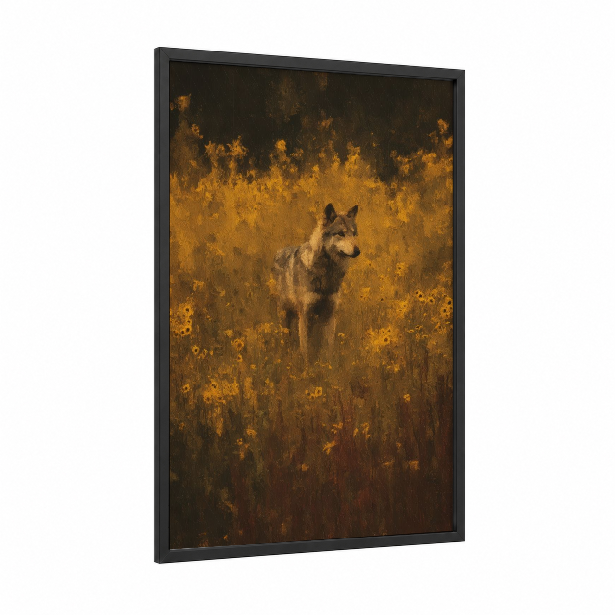 Golden Wolf framed art print — black wood frame — gold and brown palette