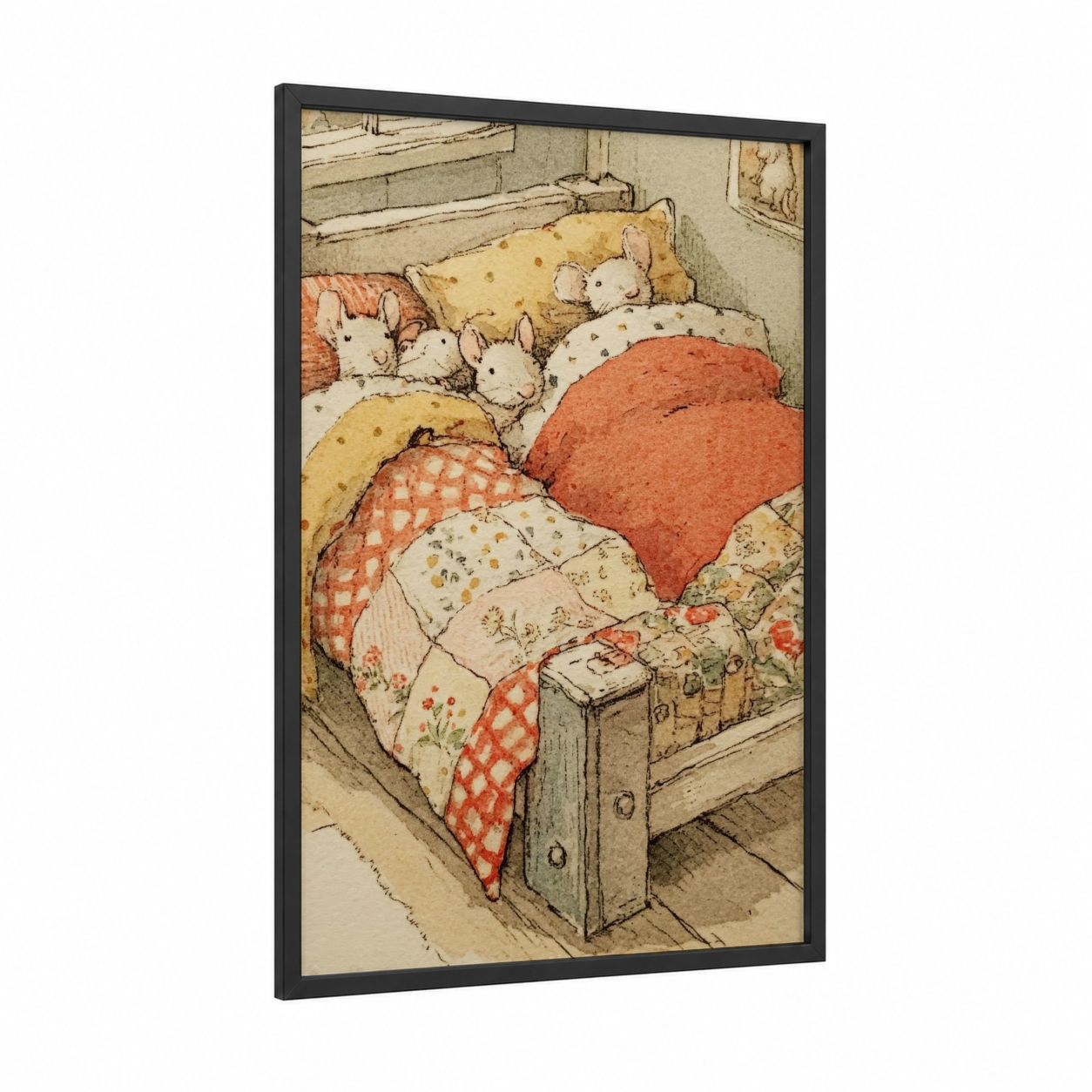 Cozy Mice Bedtime framed art print — black wood frame — cream and russet palette