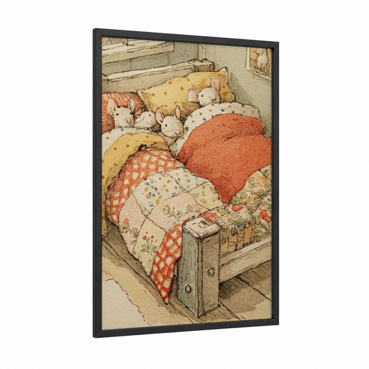 Cozy Mice Bedtime framed art print — black wood frame — cream and russet palette