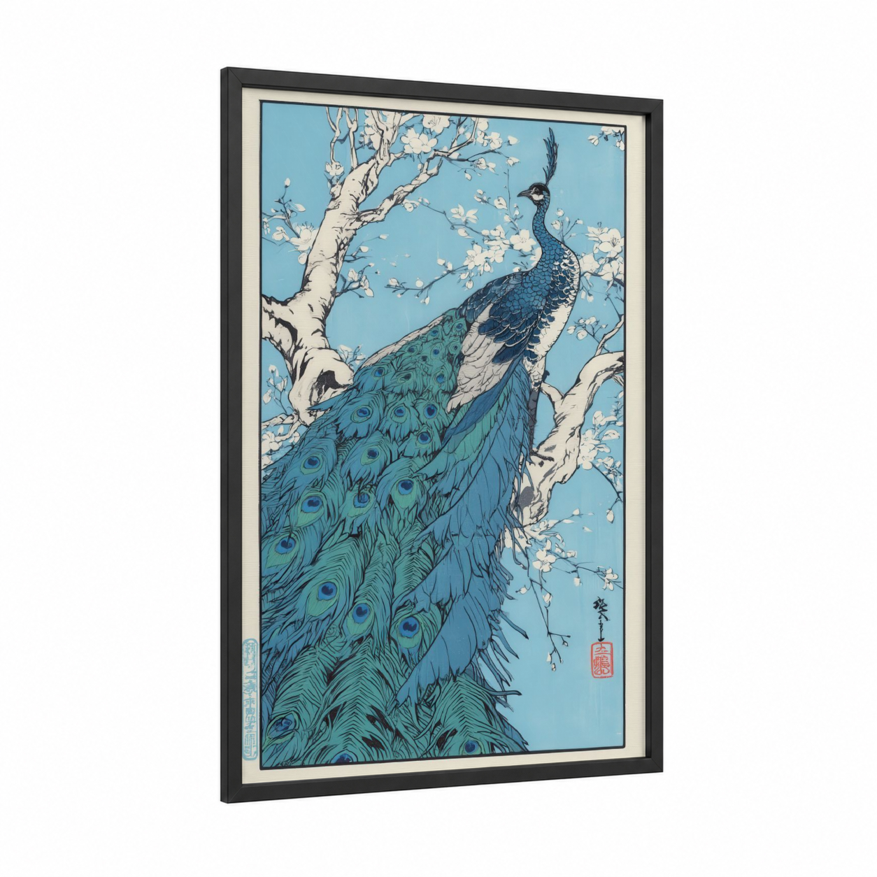 Blossom Peacock framed art print — black wood frame — blue and white palette