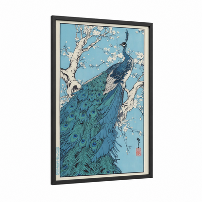 Blossom Peacock framed art print — black wood frame — blue and white palette