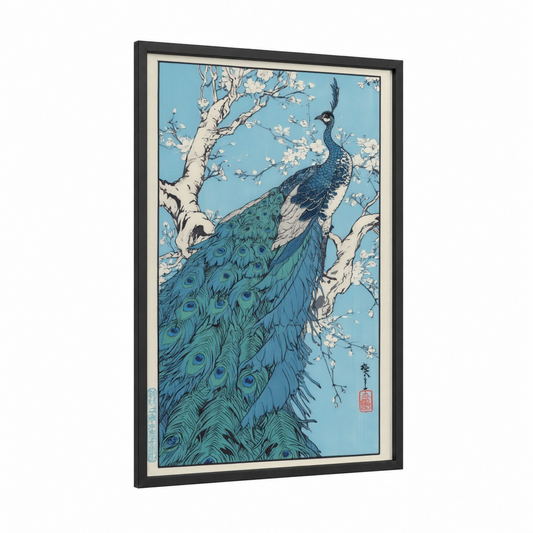 Blossom Peacock framed art print — black wood frame — blue and white palette