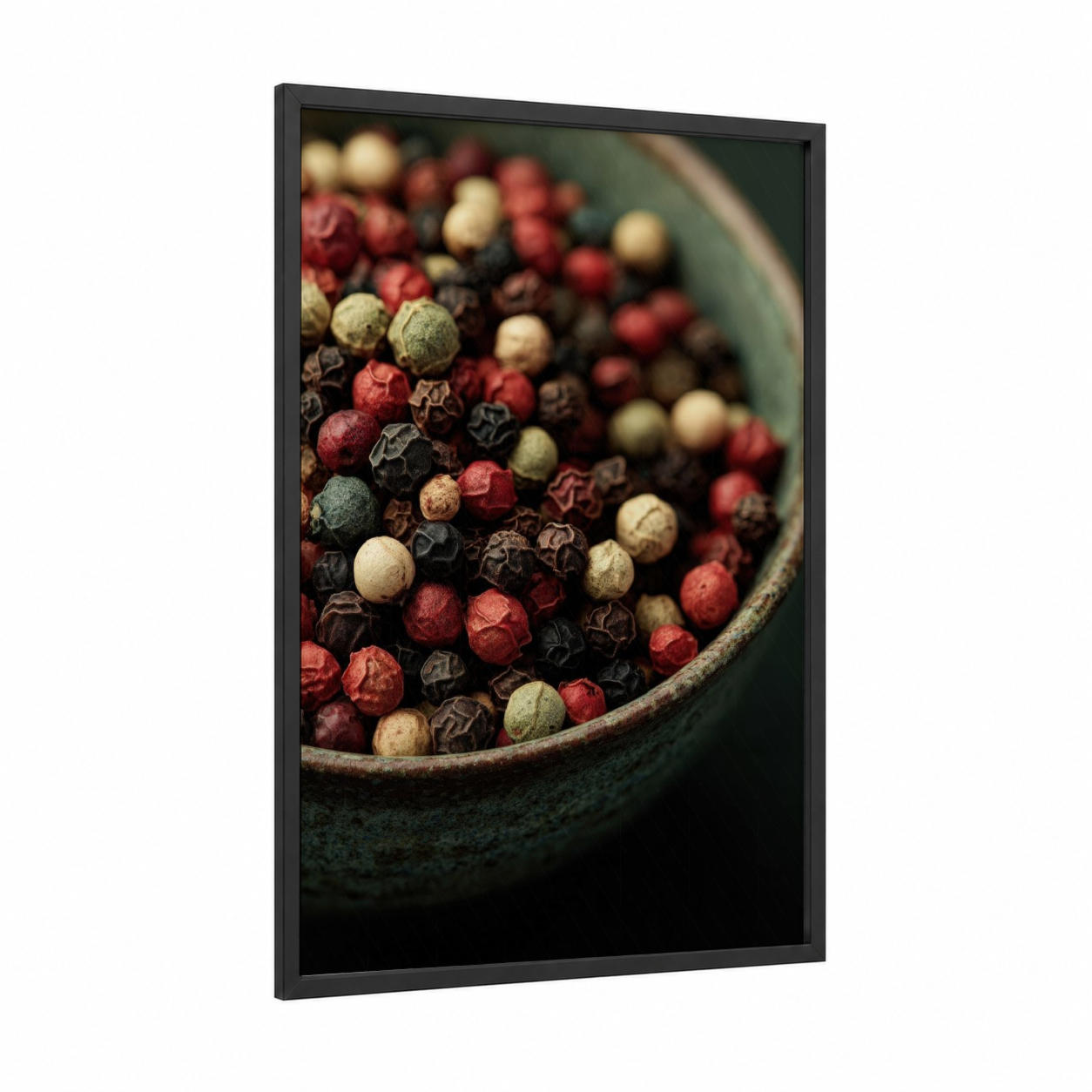Peppercorn Medley framed herbs and spices print — black wood frame — cream palette
