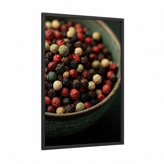 Peppercorn Medley framed herbs and spices print — black wood frame — cream palette