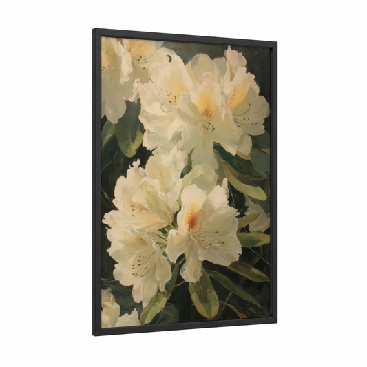 Cream Rhododendron framed art print — black wood frame — cream and dark green palette