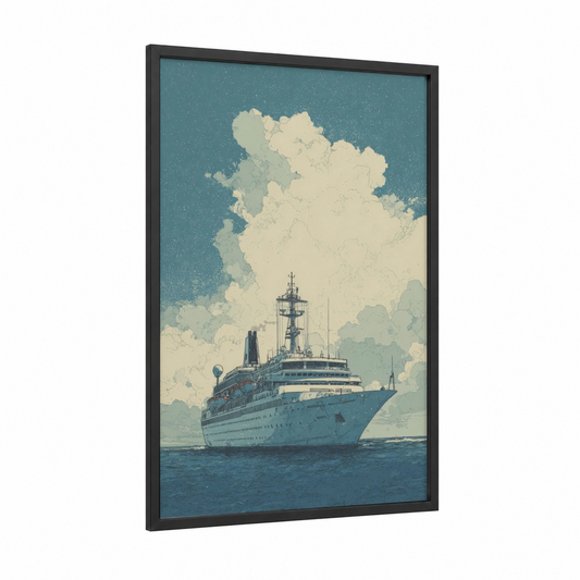 Vintage Cruise Ship framed art print — black wood frame — teal and cream palette