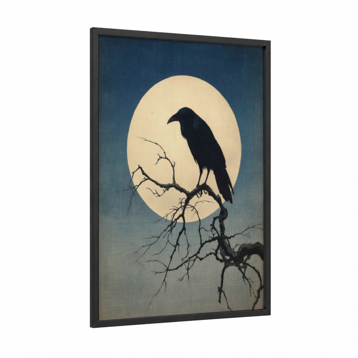 Moonlit Raven framed crows and ravens print — black wood frame — dark blue and cream palette