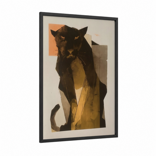 Golden Panther framed art print — black wood frame — gold and black palette