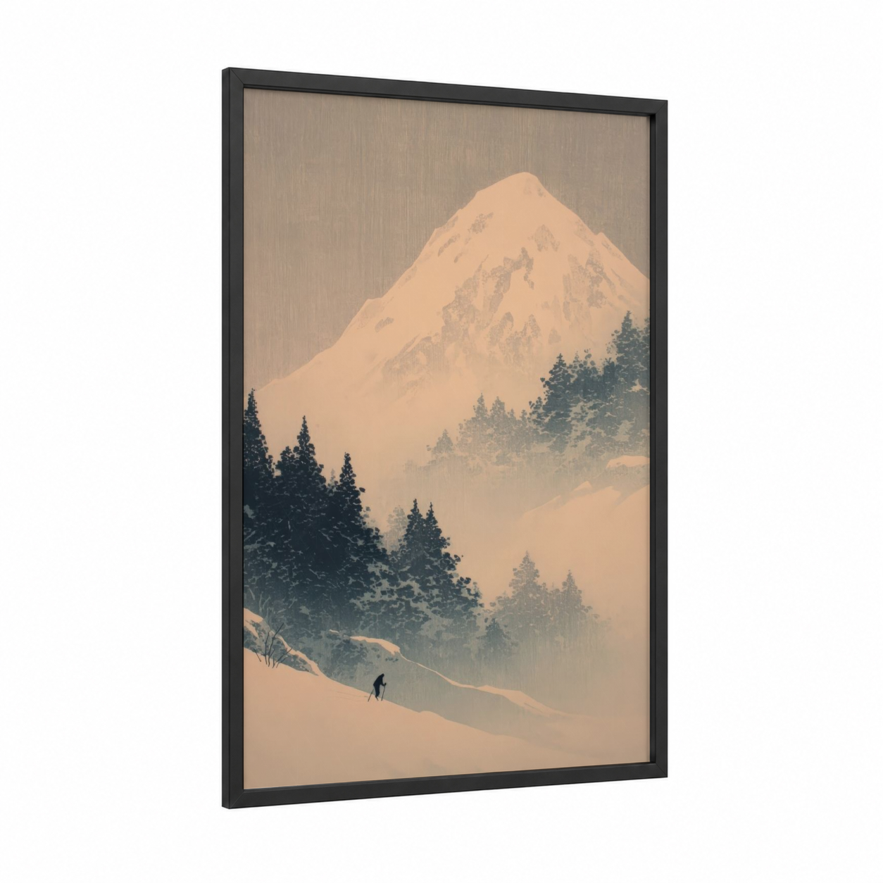 Snowy Peak Skier framed skiing print — black wood frame — cream and dove gray palette
