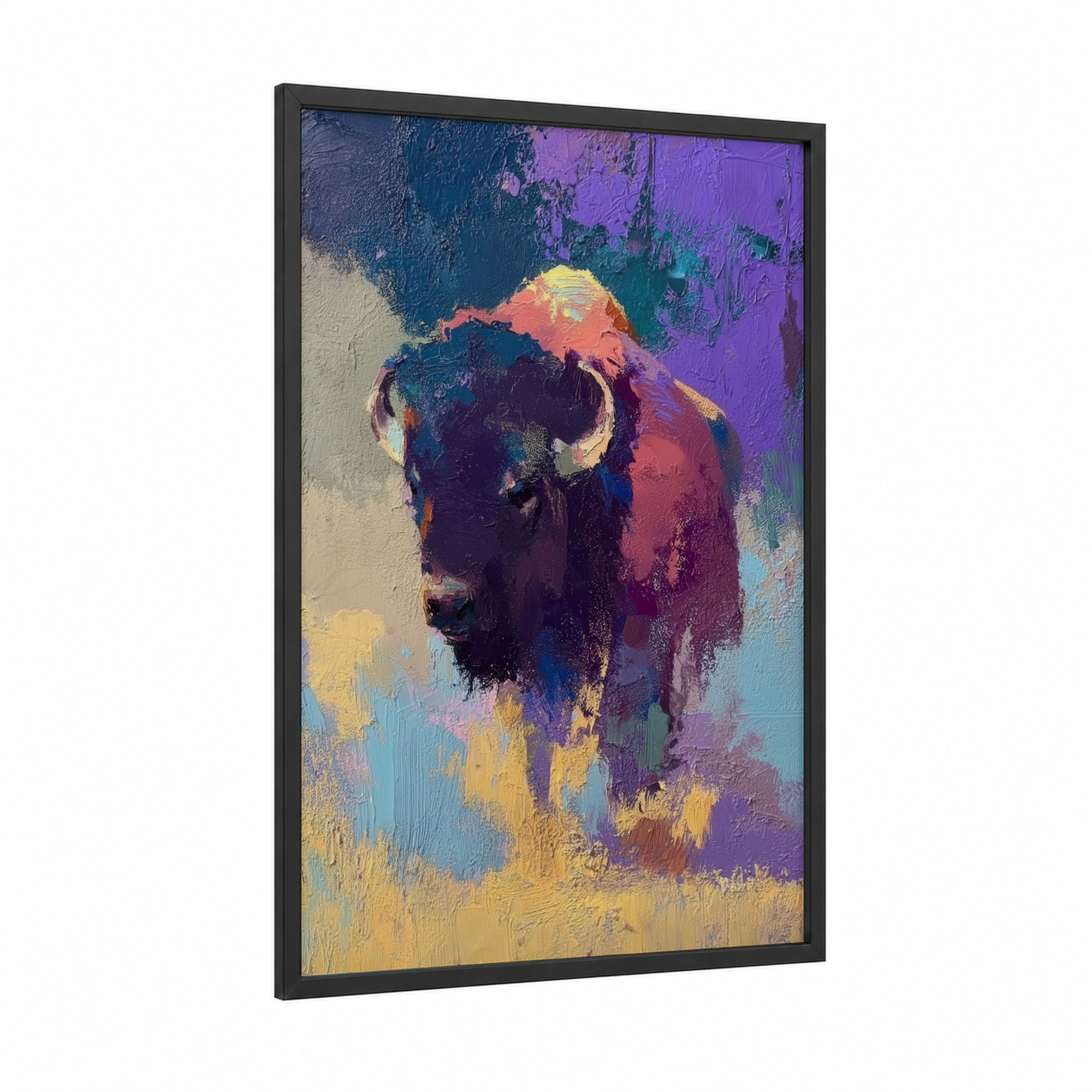 Colorful Bison framed art print — black wood frame — purple and gold palette